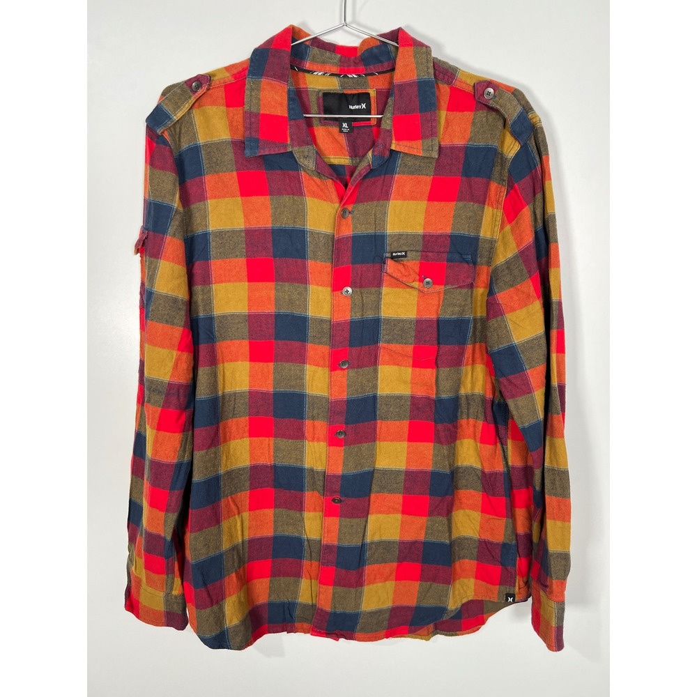 Hurley Red Yellow Blue Plaid Flannel indie skater Shirt Gorpcore Cabincore XL